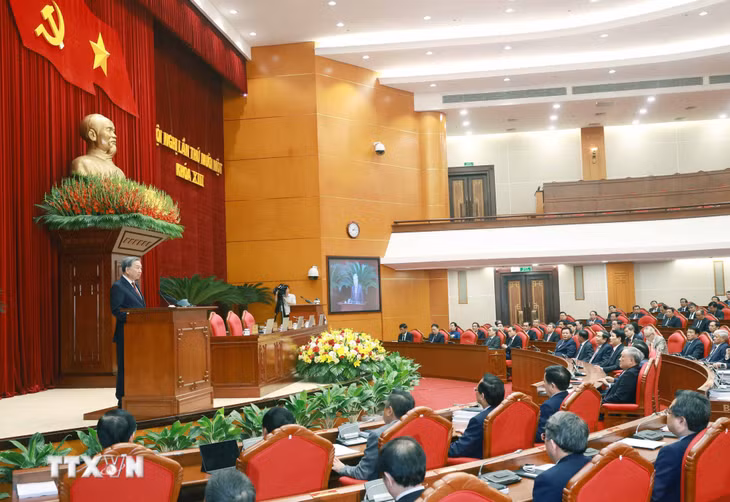 Tổng Bí thư Tô Lâm phát biểu bế mạc Hội nghị lần thứ 11 Ban Chấp hành Trung ương Đảng khóa XIII. (Ảnh: Thống Nhất/TTXVN)