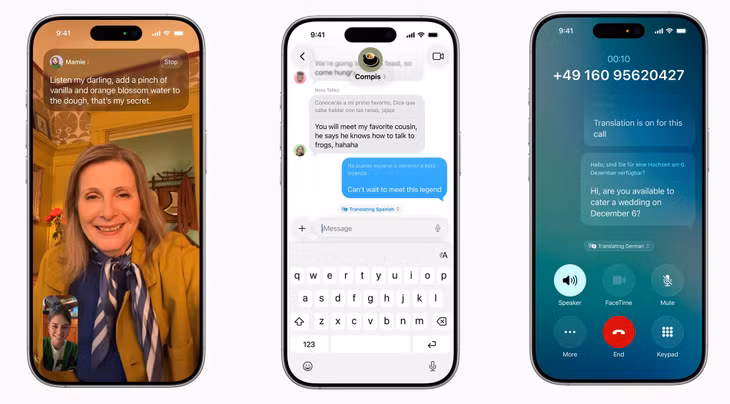 Giao diện dịch trực tiếp Live Translation trên các ứng dụng FaceTime, nhắn tin, gọi điện.
