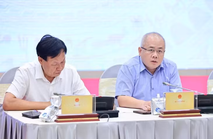 Ông Đỗ Thành Trung - Thứ trưởng Bộ Tài chính (bên phải) trả lời báo chí tại họp báo Chính phủ. (Ảnh: Vietnam+)