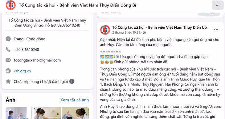Lời kêu gọi, vận động ủng hộ trên Facebook của Tổ Công tác xã hội, Bệnh viện Việt Nam – Thụy Điển Uông Bí