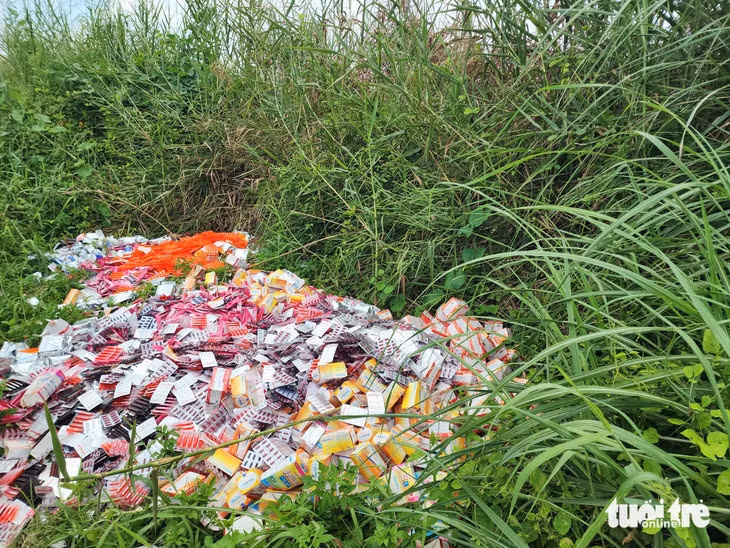 Thực phẩm chức năng thuộc nhiều nhãn hiệu khác nhau được đổ đống tại khu đất gần đường Nguyễn Văn Linh (xã Phong Phú, huyện Bình Chánh) - Ảnh: NGỌC KHẢI