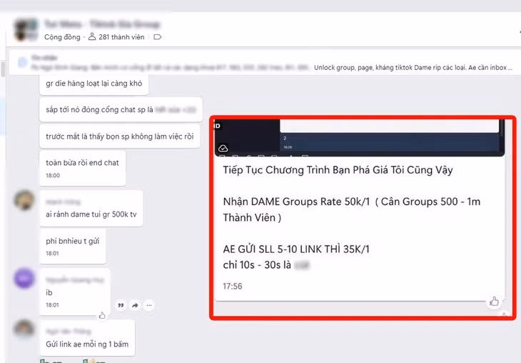 Nhiều nhóm chat chia sẻ thủ thuật, chạy quảng cáo trên nền tảng Facebook hoạt động rầm rộ trong tối 24-6, chia sẻ nhu cầu làm "bay màu" group, nhanh chóng sẽ có những thành viên khác rao giá dịch vụ chỉ vài chục nghìn đồng - ẢNH CHỤP MÀN HÌNH