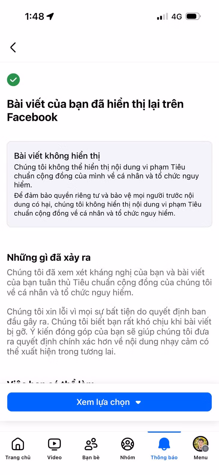 Admin một nhóm Facebook đã tiến hành kháng cáo thành công. Ảnh: FBNV