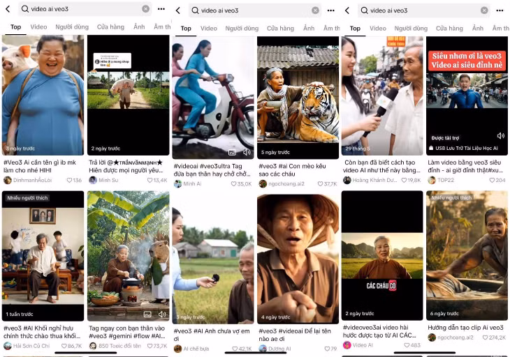 Với từ khóa “video AI Veo 3” trên TikTok, chưa đầy một giây sau, hàng chục clip trăm ngàn view với nội dung đa dạng hiển thị. Ảnh chụp màn hình.