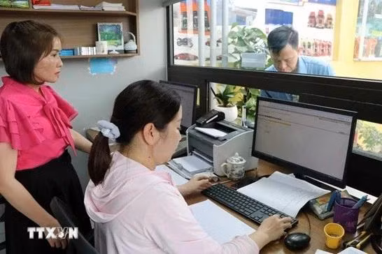 Hoạt động xuất hóa đơn điện tử tại cửa hàng. (Ảnh: Hoàng Ngọc/TTXVN)