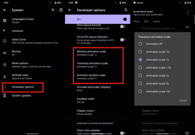 Chế độ Animation cho nhà phát triển trên smartphone Android. Ảnh: Mobileinternist