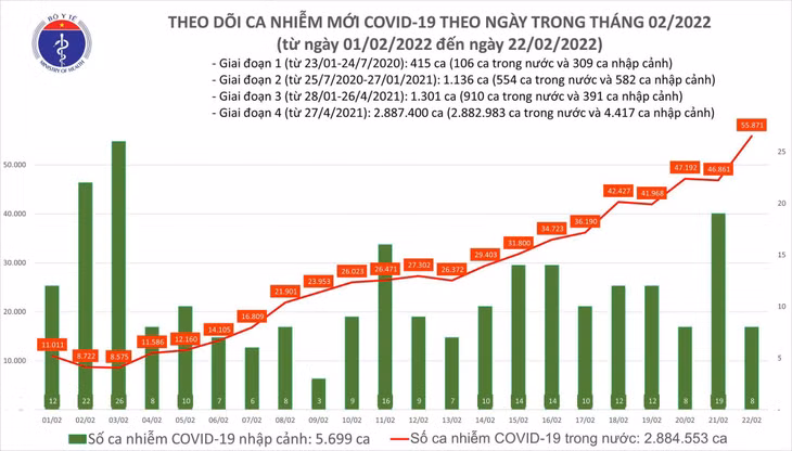 Biểu đồ số ca mắc mới COVID-19 tại Việt Nam tính đến chiều ngày 22/2