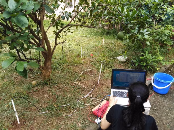 Thử nghiệm đo chất lượng đất vườn cây ăn quả tại Viện Hàn lâm Khoa học và Công nghệ Việt Nam. Ảnh: NVCC