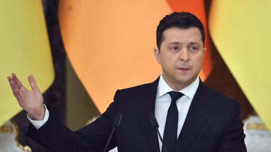 Tổng thống Ukraine Volodymyr Zelensky tại cuộc họp báo chung với Thủ tướng Đức ở Kiev ngày 14/2. Ảnh: AFP