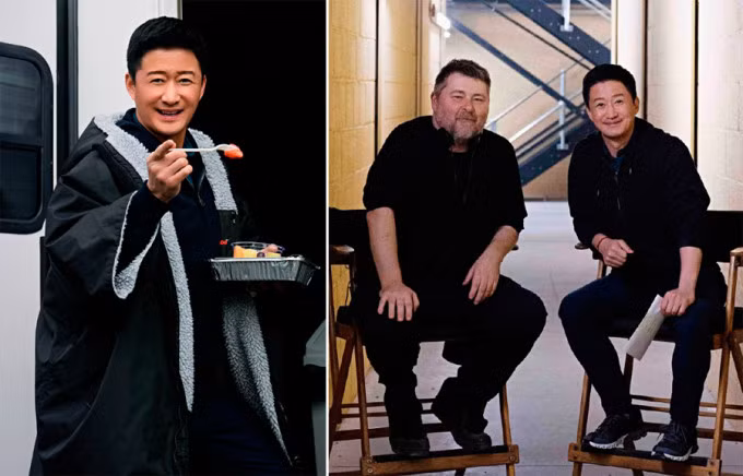 Ngô Kinh và đạo diễn Ben Wheatley ở trường quay. Ảnh: Weibo/The Meg