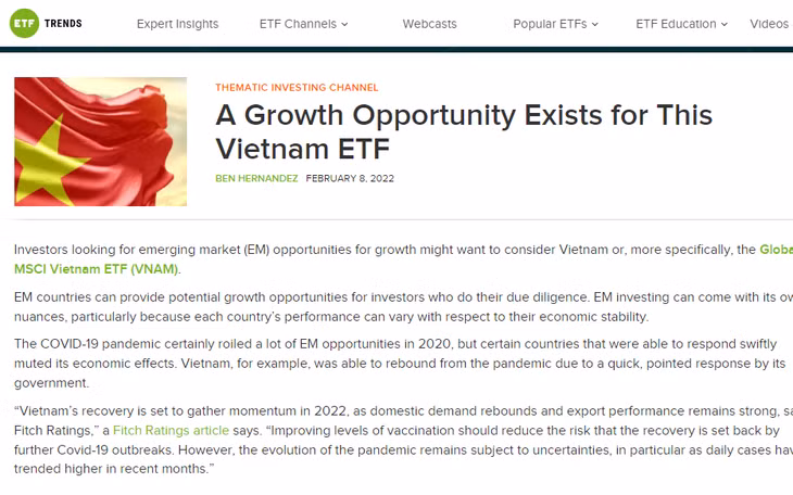 Trang ETF Trends của Mỹ nhấn mạnh, Việt Nam là điểm đến đầy hứa hẹn với các nhà đầu tư (Ảnh chụp màn hình). (Nguồn: Việt Nam và Thế giới)