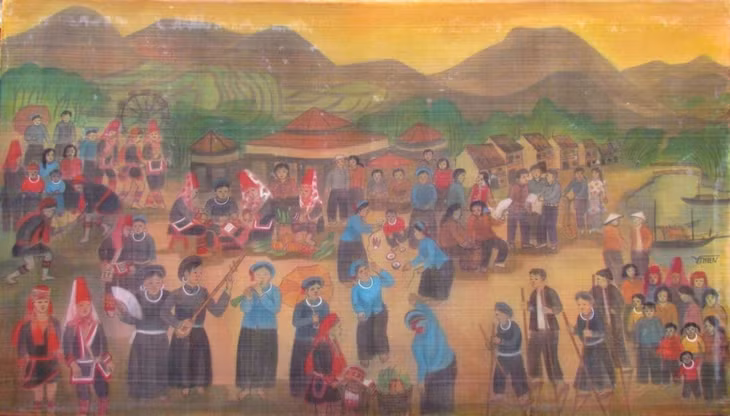 Tác phẩm tranh lụa "Chợ xuân Tiên Yên" của họa sĩ Nguyễn Thị Thiền lấy cảm hứng từ phiên chợ vùng cao Đông Bắc.