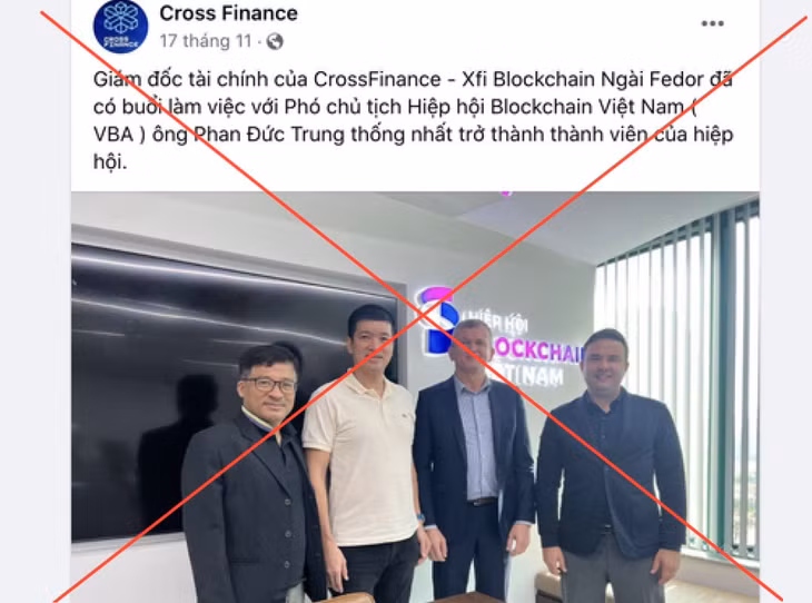 CrossFi đưa hình ảnh chụp với ông Phan Đức Trung, Phó chủ tịch VBA và quảng bá mình trở thành thành viên của Hiệp hội, nhưng đây là thông tin không chính xác. Ảnh chụp màn hình