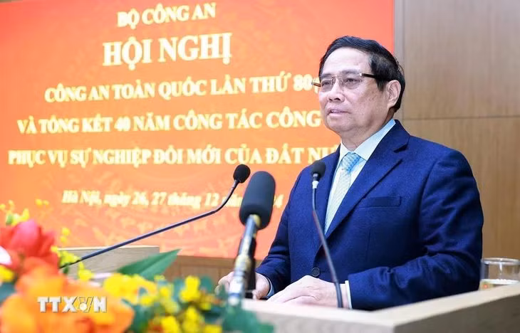 Thủ tướng Phạm Minh Chính phát biểu chỉ đạo tại Hội nghị Công an toàn quốc lần thứ 80. (Ảnh: Dương Giang/TTXVN)