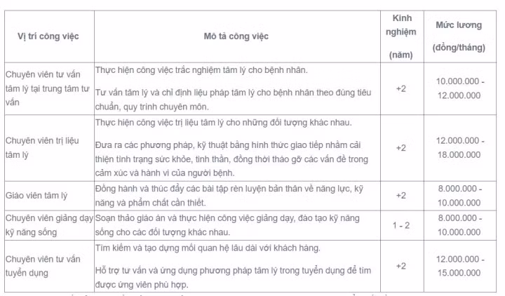 Một số vị trí công việc ngành Tâm lý học và mức lương tham khảo. (Ảnh: trường Đại học Quản lý và Công nghệ TP.HCM)