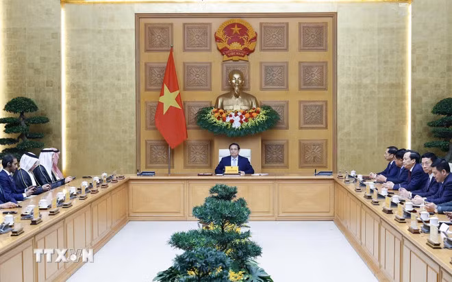 Thủ tướng Phạm Minh Chính tiếp Đại sứ UAE, Qatar và Saudi Arabia tại Việt Nam. (Ảnh: Dương Giang/TTXVN)