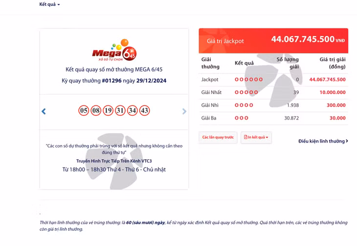 Kết quả quay số mở thưởng MEGA 6/45 Kỳ quay thưởng 01296 ngày 29/12/2024 ảnh 1