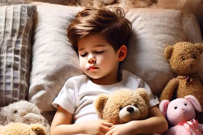 Trẻ em có thói quen ngủ đều đặn, đúng giờ sẽ thể hiện các hành vi thân thiện hơn và kiểm soát cảm xúc tốt hơn. Ảnh - AI: Ngọc Thùy