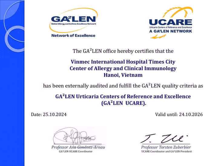 Trung tâm Dị ứng - Miễn dịch lâm sàng của Bệnh viện Đa khoa Quốc tế Vinmec Times City hiện là cơ sở duy nhất đạt được chứng nhận UCARE