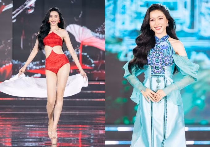 Kiều Duy trong phần thi áo tắm (trái) và đồng diễn trang phục mở đầu chung kết.