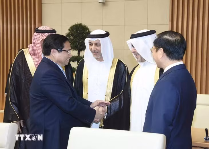 Thủ tướng Phạm Minh Chính tiếp Đại sứ UAE, Qatar và Saudi Arabia tại Việt Nam. (Ảnh: Dương Giang/TTXVN)