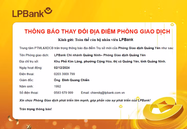 Ngân hàng LPBank thông báo thay đổi địa điểm phòng giao dịch ảnh 1