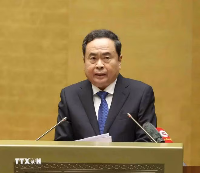 Ông Trần Thanh Mẫn, Ủy viên Bộ Chính trị, Chủ tịch Quốc hội quán triệt chuyên đề 'Tháo gỡ những điểm nghẽn, nút thắt về thể chế.' (Ảnh: Phương Hoa/TTXVN)