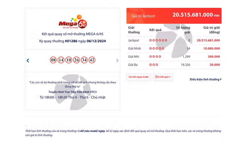 Kết quả quay số mở thưởng MEGA 6/45 kỳ quay thưởng 01286 ngày 06/12/2024 ảnh 1