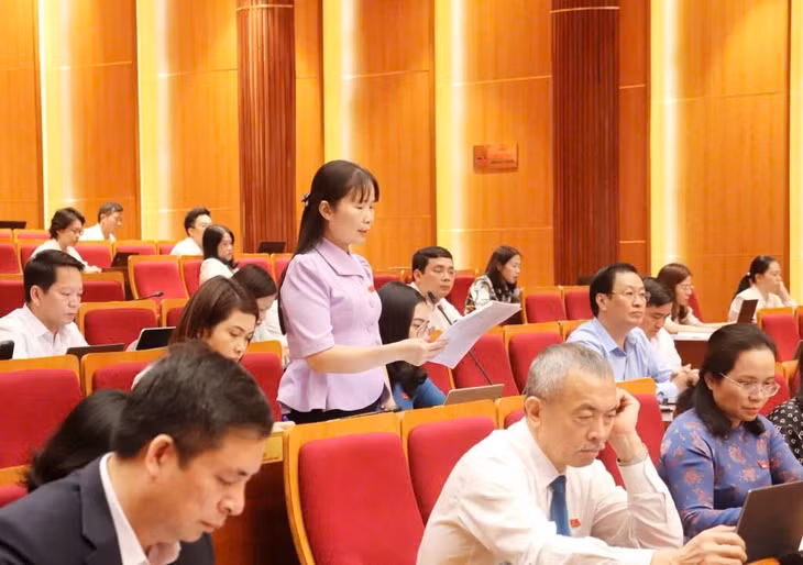 Đại biểu Nguyễn Thị Định, Hiệu trưởng Trường THPT Hoành Bồ, phát biểu tại Kỳ họp thứ 15, HĐND tỉnh khóa XIV.