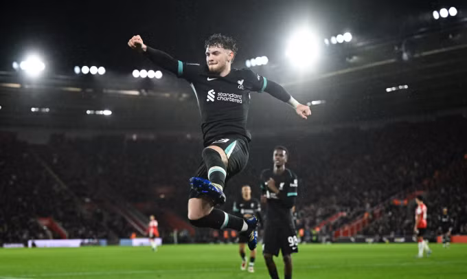 Harvey Elliott chia vui sau khi nâng tỷ số lên 2-0 cho Liverpool. Ảnh: AFP