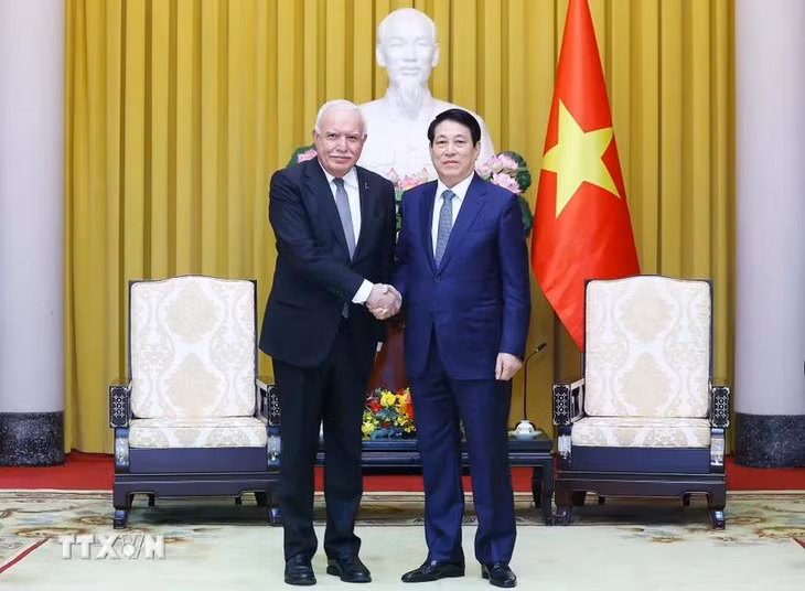 Chủ tịch nước Lương Cường tiếp ông Riad Malki, Đặc phái viên của Tổng thống Palestine. (Ảnh: Lâm Khánh/TTXVN)