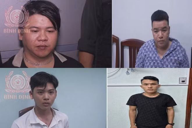 4 đối tượng chuyên dọa, đòi tiền bảo kê các nhân viên quán karaoke bị bắt giữ. Ảnh: Công an tỉnh Bình Định