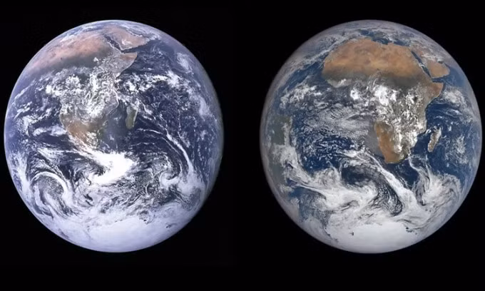 Bức ảnh Viên bi xanh (trái, năm 1972) và sau 50 năm (phải, năm 2022). Ảnh: NASA