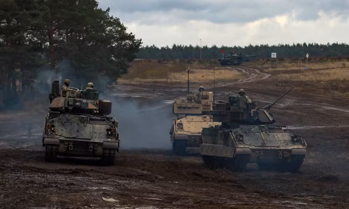 Thiết giáp M2A3 Mỹ tham gia diễn tập tại thao trường Bemowo Piskie, Ba Lan tháng 11/2024. Ảnh: US Army