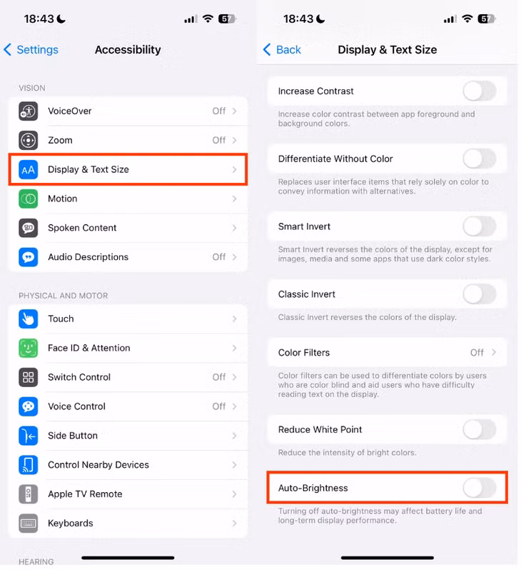Tắt Độ sáng tự động (Auto-Brightness) trong mục Trợ năng (Accessibility). Ảnh: CNET