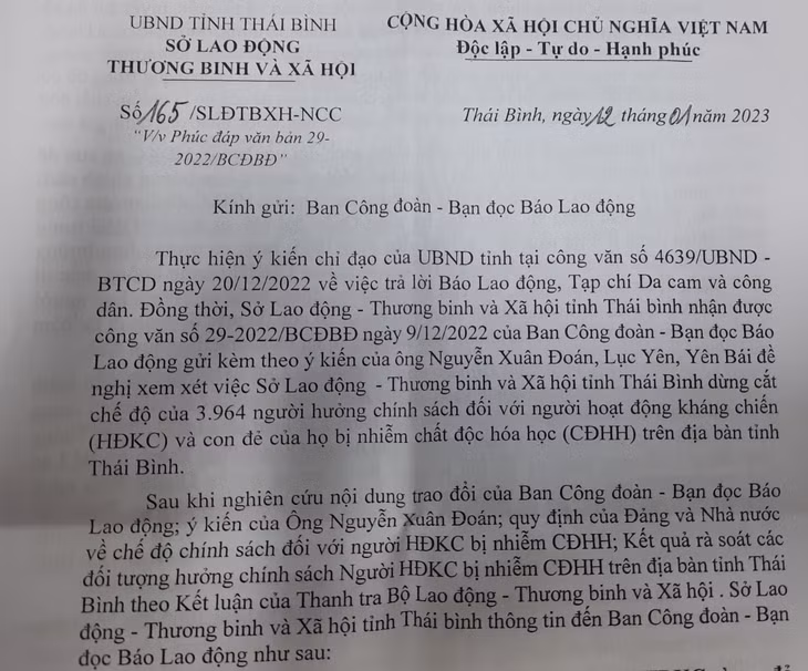Phản hồi của Sở Lao động - Thương binh và Xã hội Thái Bình về phản ánh của bạn đọc. Ảnh: Anh Thư.