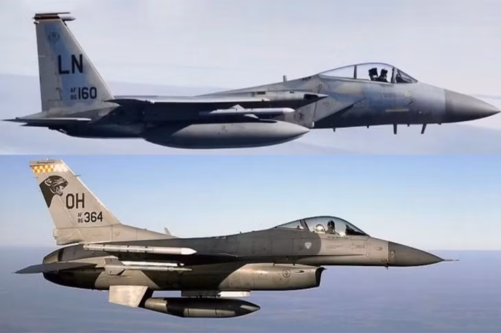 Các tiêm kích F-16 và F-15E của Mỹ. Ảnh: Root Nation