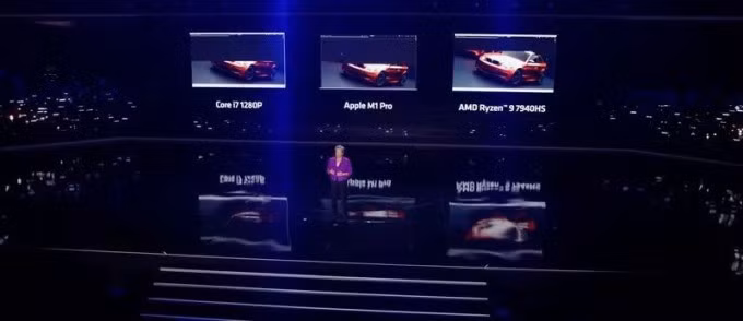 AMD trình diễn khả năng xử lý chip so với M1 Pro và Intel Core i7 1280P. Ảnh: Macrumors