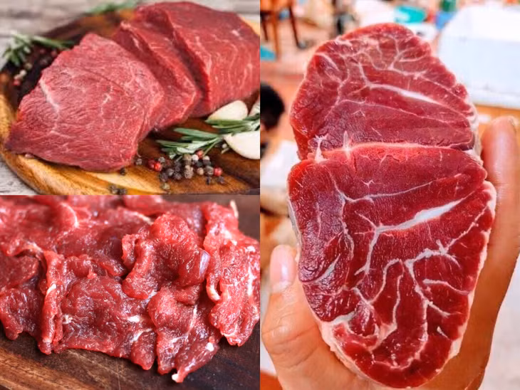 Thái miếng thịt bò thật từ ngoài vào trong chỉ có một màu đỏ sậm. Ảnh đồ họa: Hương Giang