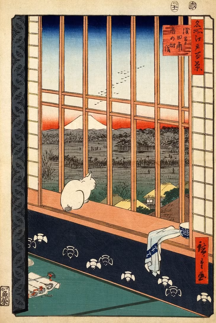 Mèo trong tranh sông nước của Nhật Bản có tên là “Ruộng lúa Asakusa và lễ hội Torinomachi” (1857) Ảnh: Hiroshige, qua Wikimedia Commons