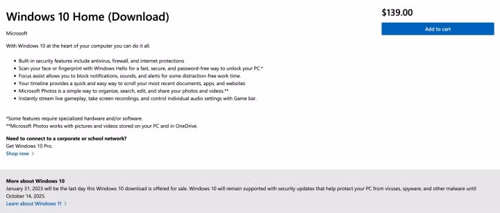 Thông báo của Microsoft về thời gian dừng bán Windows 10 trên website.