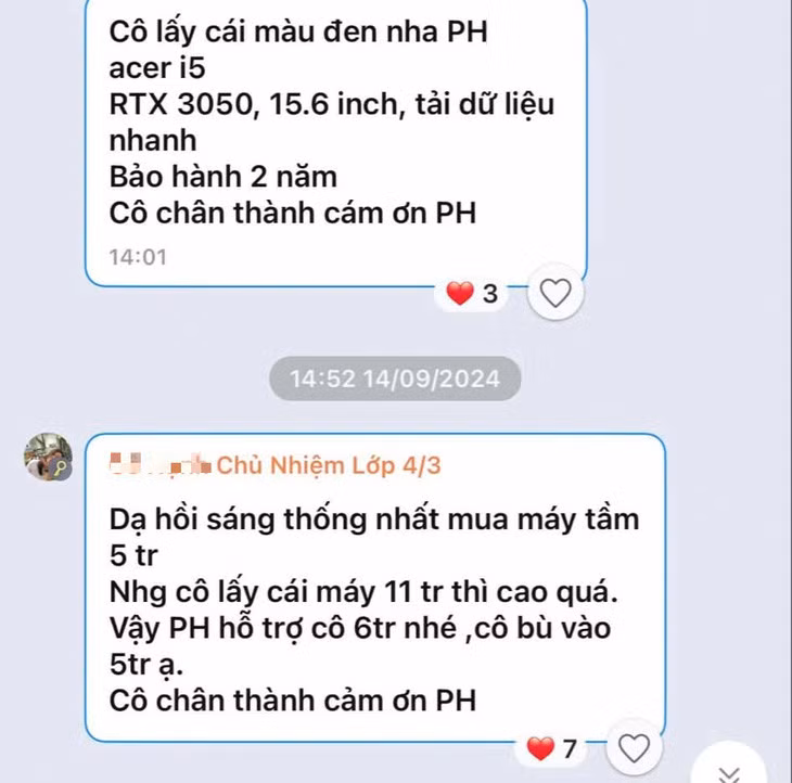 TIn nhắn của cô H., giáo viên chủ nhiệm lớp 4/3 Trường tiểu học Chương Dương, quận 1, xin phụ huynh hỗ trợ mua laptop - Ảnh: PHCC