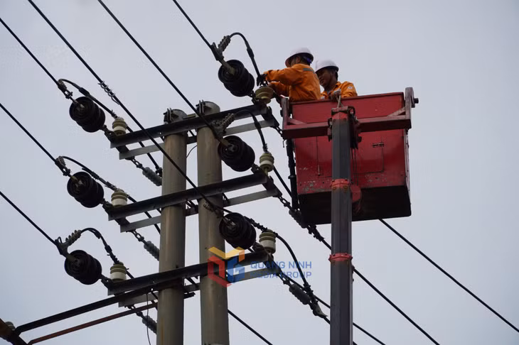 Công nhân Điện lực Hạ Long sửa chữa đường dây 22kV bị ảnh hưởng do bão.