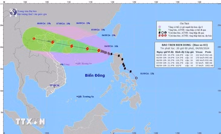 Bản đồ đường đi của Bão số 3. (Ảnh: TTXVN phát)