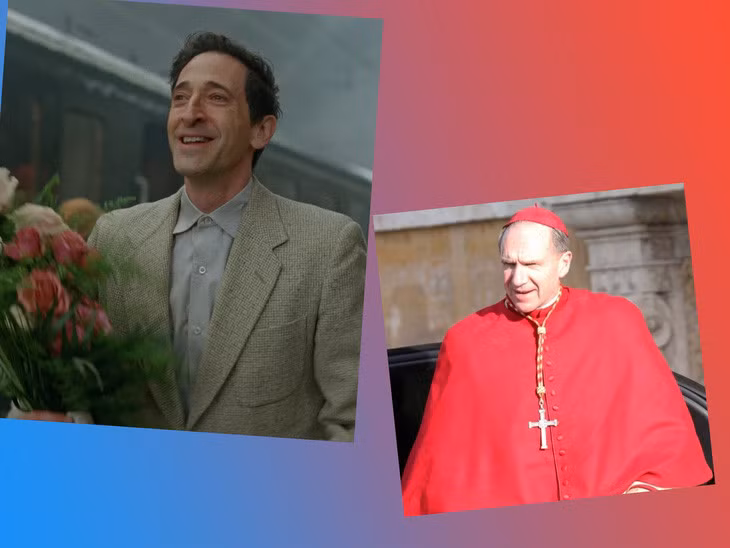 Adrien Brody trong The Brutalist (trái) và Ralph Fiennes trong Conclave được The New York Times đánh giá là hai ứng cử viên hàng đầu cho giải Nam chính xuất sắc nhất - Ảnh: Vanity Fair