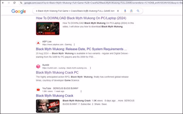 Những kết quả chứa mã độc có thể xuất hiện khi tìm kiếm bản crack của game. Ảnh: McAfee.