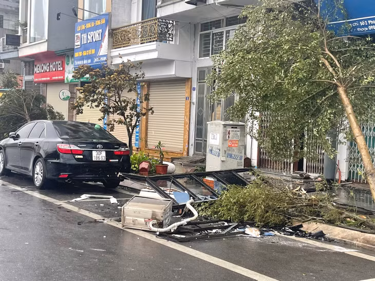 Cây xanh, tủ điện, cửa kính bị bão cuốn đổ vỡ nằm la liệt trên đường phố Hạ Long. Ảnh: Minh Đức