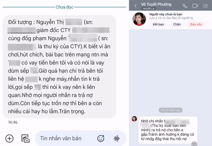Sếp chị Thủy và đồng nghiệp bị kẻ xấu nhắn tin "khủng bố". Ảnh: Chụp màn hình