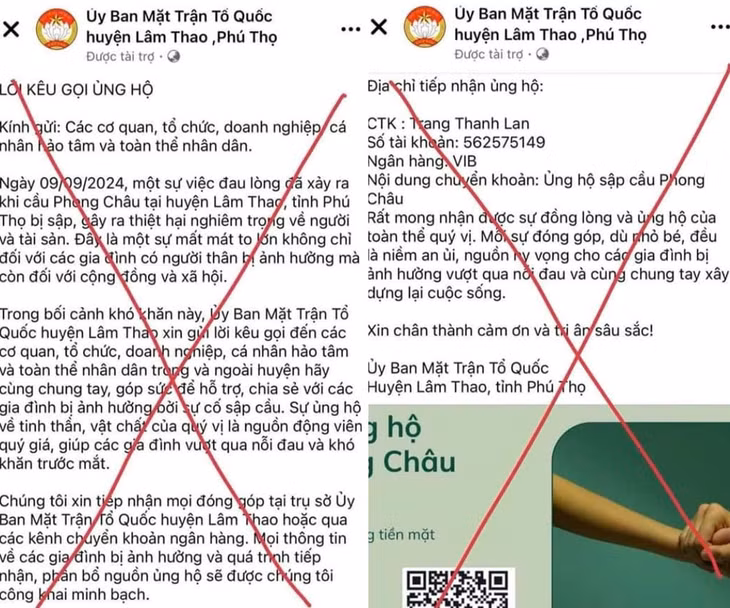 Một trang fanpage giả mạo Mặt trận tổ quốc Lâm Thao kêu gọi ủng hộ gia đình nạn nhân sập cầu Phong Châu.
