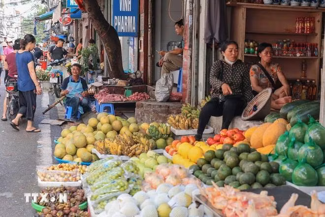 Chợ dân sinh trên đường Bạch Đằng đã lại nhộn nhịp trở lại, hàng hóa ê hề phục vụ nhu cầu mua sắm của nhân dân. (Ảnh: Hoàng Hiếu/TTXVN)